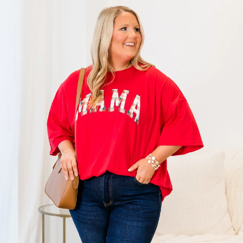 While Supplies Last Plaid Mama Boyfriend Tee, Red