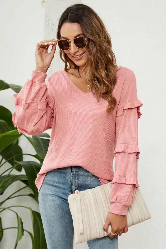 Limited Supply Puff Sleeve Ruffled Waffle Tops