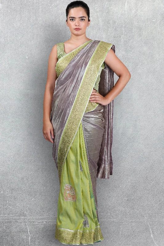 Grey - Green Organza and Raw Silk Saree