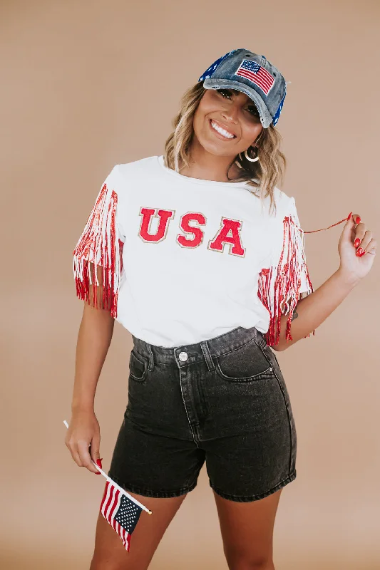 USA Spirited Fringe Top, White/Red