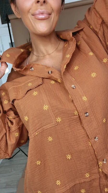 Weekend Bargains Await You Sunny Days Embroidered Button Up, Camel