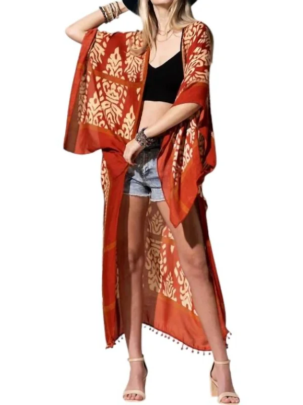 Massive Savings Samantha Damask Print Kimono In Rust