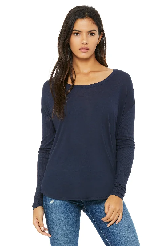 Bella + Canvas Womens Flowy Long Sleeve Wide Neck T-Shirt - Midnight Blue