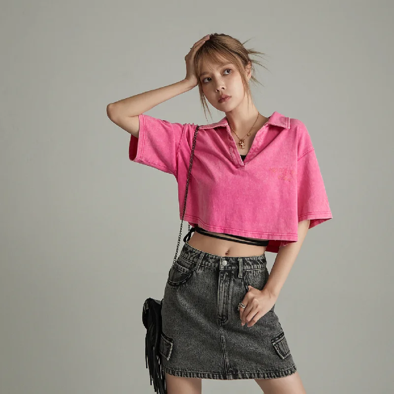 Markdown Sale Pink Cactus Crop Polo T-Shirt