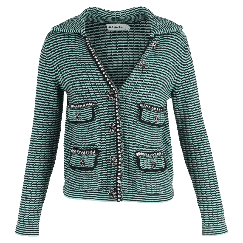 Weekend Deal Self-Portrait Stripe Pocket Detail Collared Cardigan in Green Wool