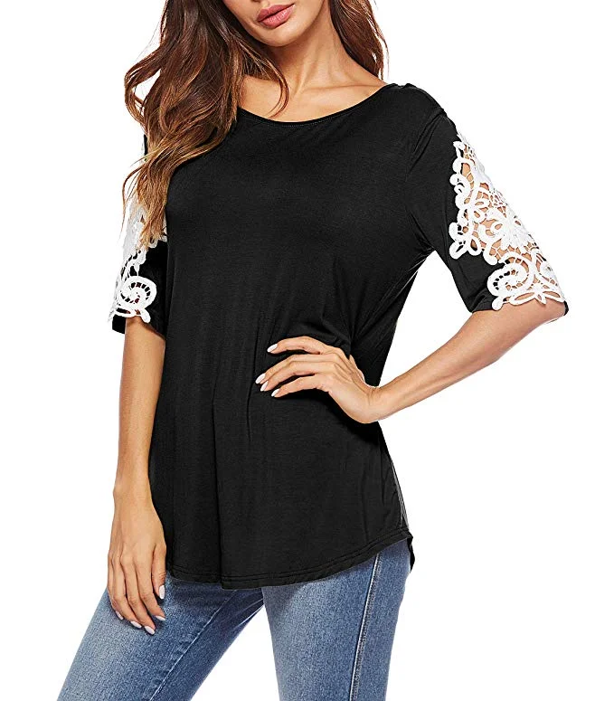 Womens Shirts Casual Tee Round Neck Short Sleeve Lace Loose Fits Tunic Tops Blouses