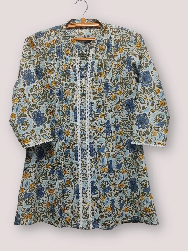 Weekend Shopping Extravaganza Cotton Printed Pleted Top with Lace detail - Multi Floral