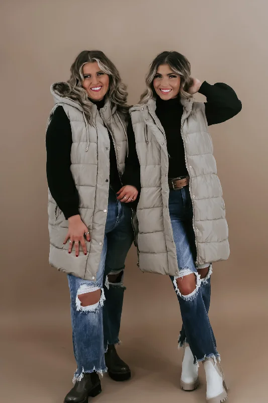 Long Hooded Puffer Vest, Taupe