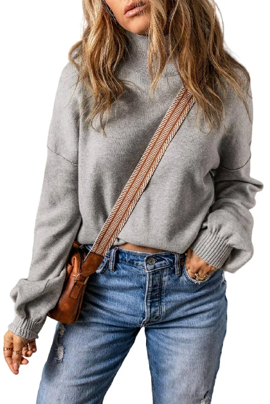 Your Weekend, Your Savings Brielle Turtleneck Drop Shoulder Bubble Sleeve Knit Sweater In Gray