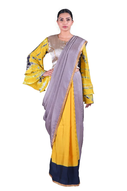 Grey & yellow silk Saree