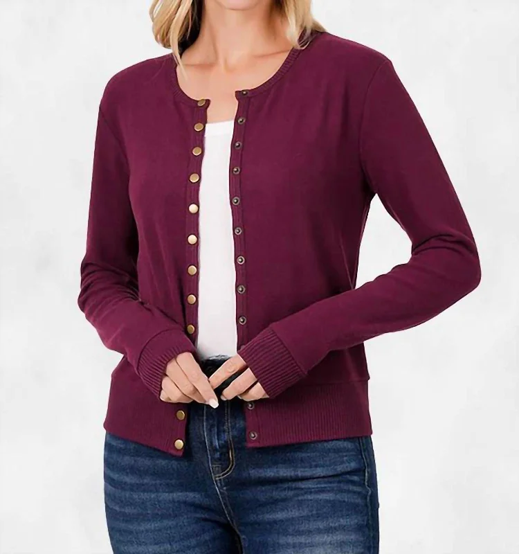 Low Cost Briana Crew Neck Snap Button Cardigan In Dark Burgundy
