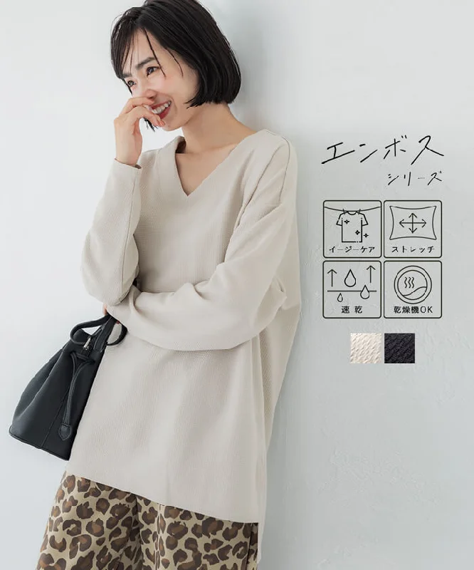 Super Bargain エンボスVネックプルオーバー レディース メール便不可