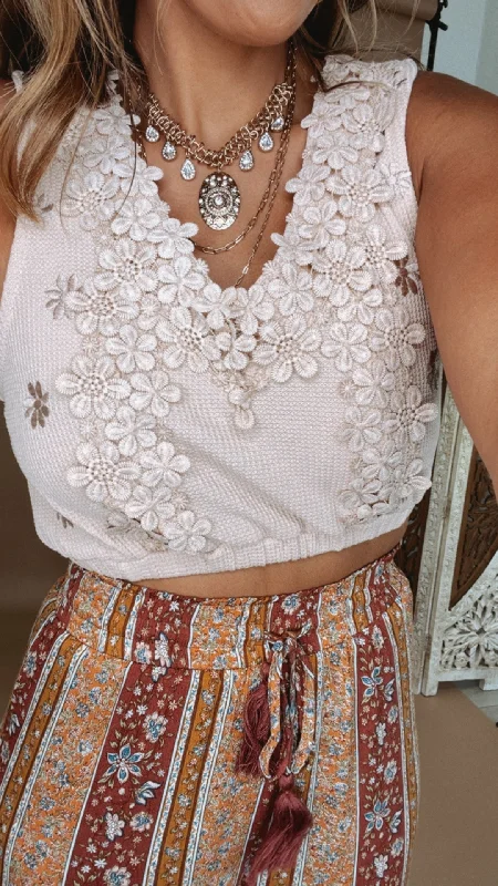 Great Deal POL: Knit Bralette Floral Embellished Top, Beige