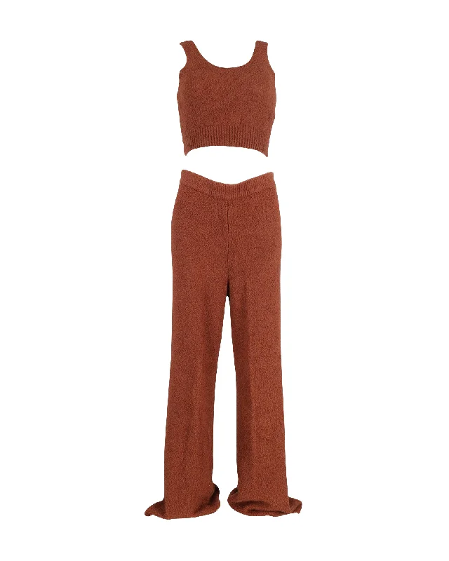 Weekend Discounts to Indulge In Reformation + Net Sustain Isle Bouclé Cropped Top And Wide-Leg Pants Set in Brown Organic Cotton
