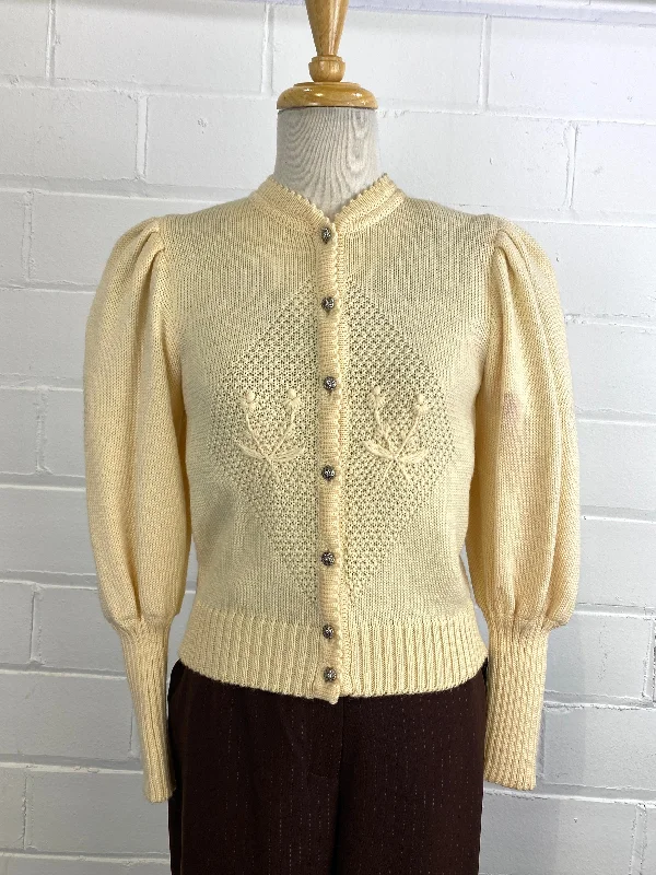 Weekend Offers That Excite Vintage Deadstock Cream Austrian Wool Knit Puff Sleeve Cardigan with Floral Embroidery