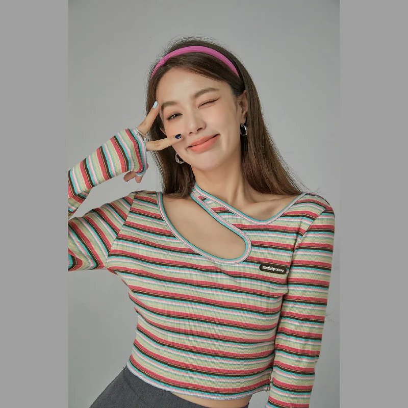 Colorful Stripes Chest Cutout Long-Sleeves Top