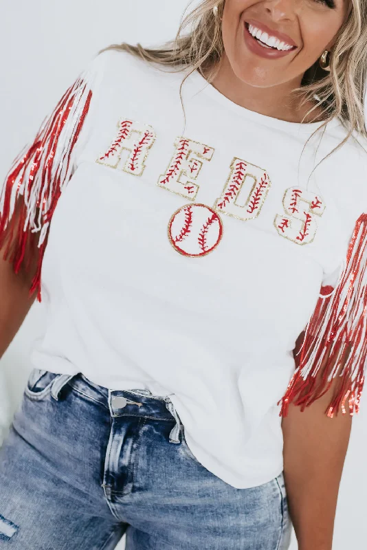 REDS Patched Fringe Top, White/Red