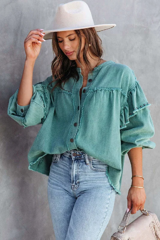 Lantern Sleeve Nail Bead Ruffled Denim Tops