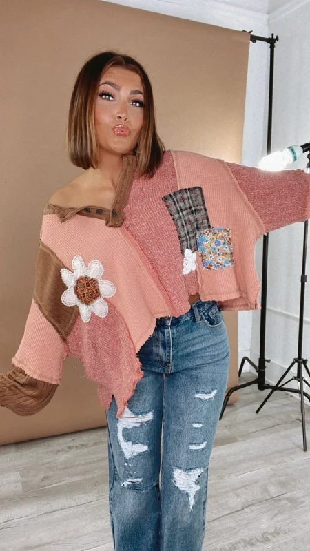 Hot Buy POL:Sweet Impression Patchwork Long Sleeve Top, Pink