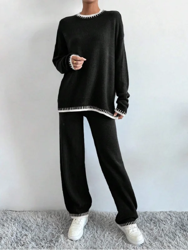 Early Access Side Slit Contrast Trim Round Neck Top and Pants Sweater Set