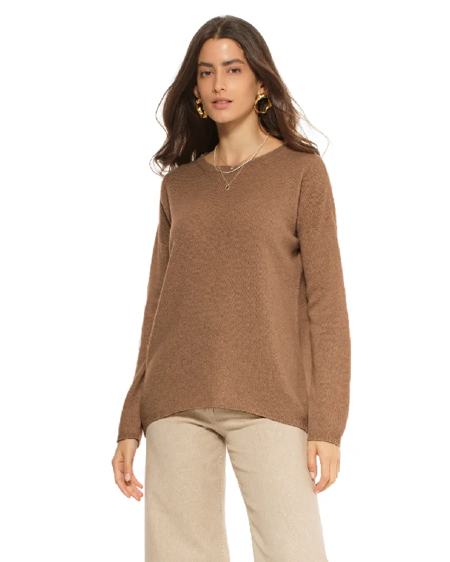 Women's Oversized Cashmere Boatneck Sweater Brown by Monticelli Cashmere